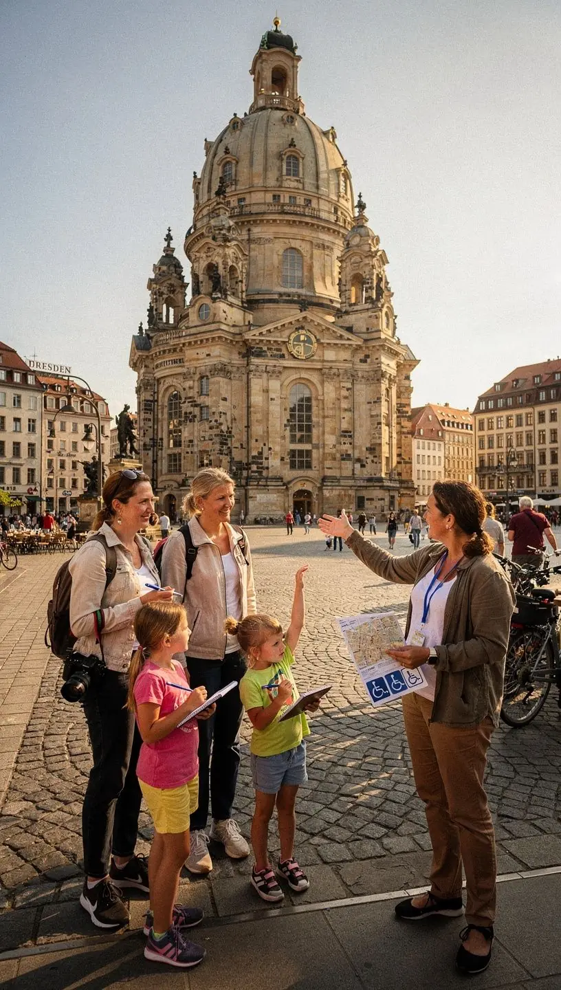 Kinder genießen einen Ausblick auf eine Sehenswürdigkeit mit Zugänglichkeitshinweisen.